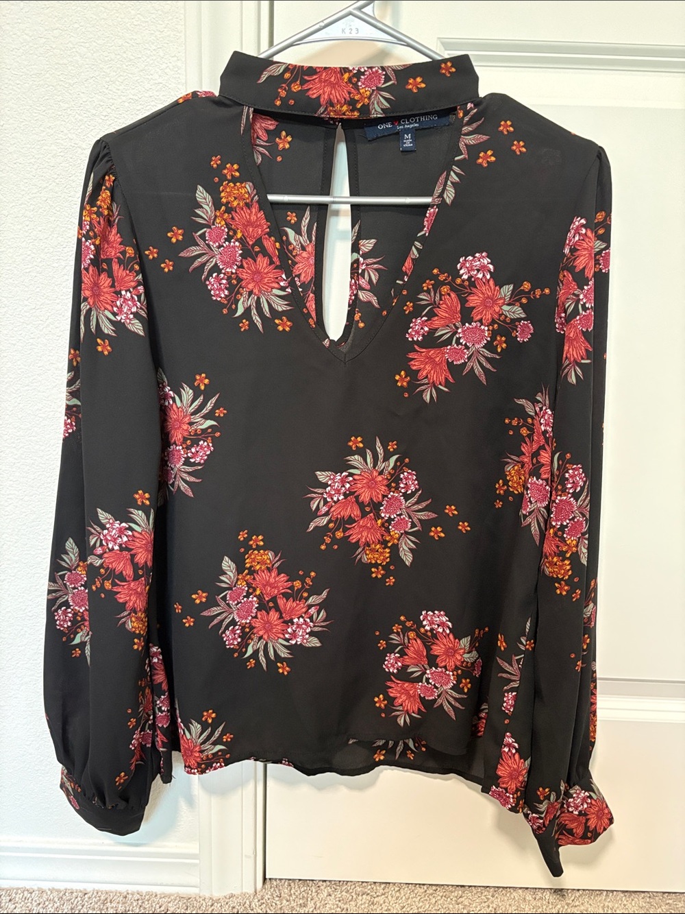 one clothing Black Floral Keyhole Blouse with Pink and Orange Bouquet Print